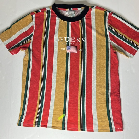VTG GUESS David Sayer Vertical Stripe T Shirt Embroidered US Flag Spellout Y2K M - Picture 4 of 16